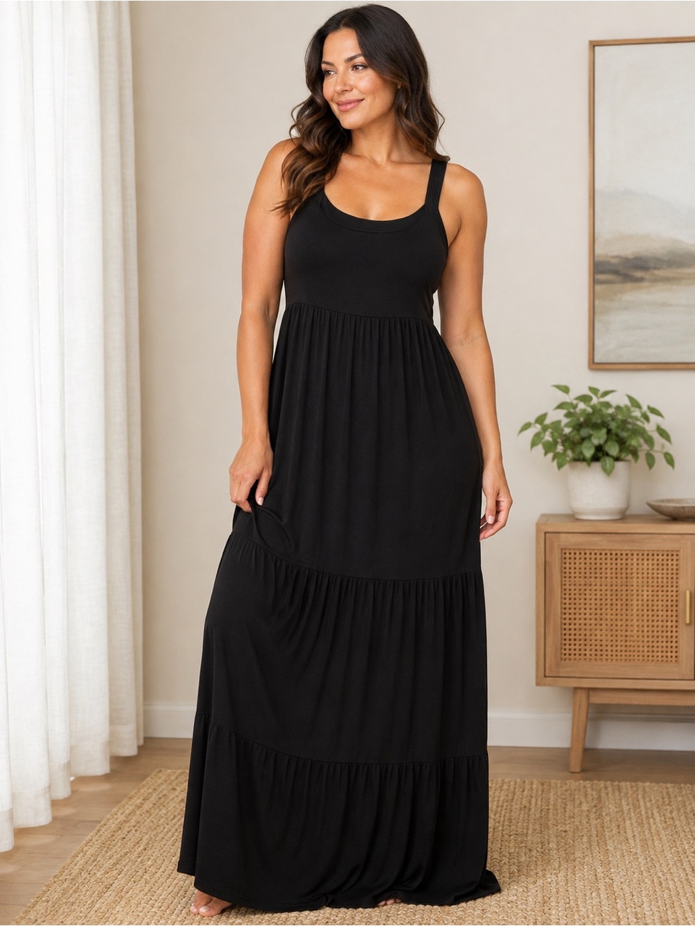 Soma Intimates Women’s Black Maxi Dress Tiered Sleeveless Stretch Size L/XL